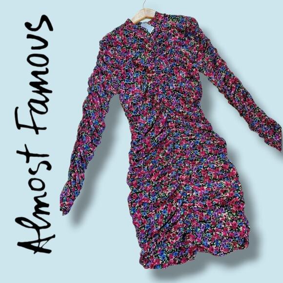 Almost Famous Women’s Multicolor Floral Ruched Long Sleeve Bodycon Dress Large - Picture 8 of 8